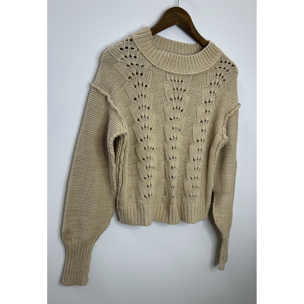 Free People Cropped Pullover Sweater Bell Song Crew Neck Open Knit Tan Small - Picture 3 of 15